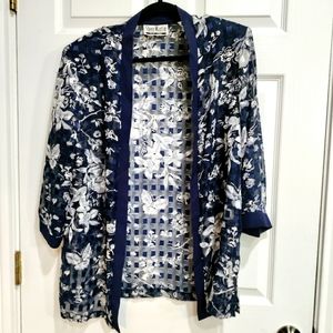 Sheri Martin Blue Floral Sheer Open Kimono Cardigan Dress Jacket Vintage Size 14